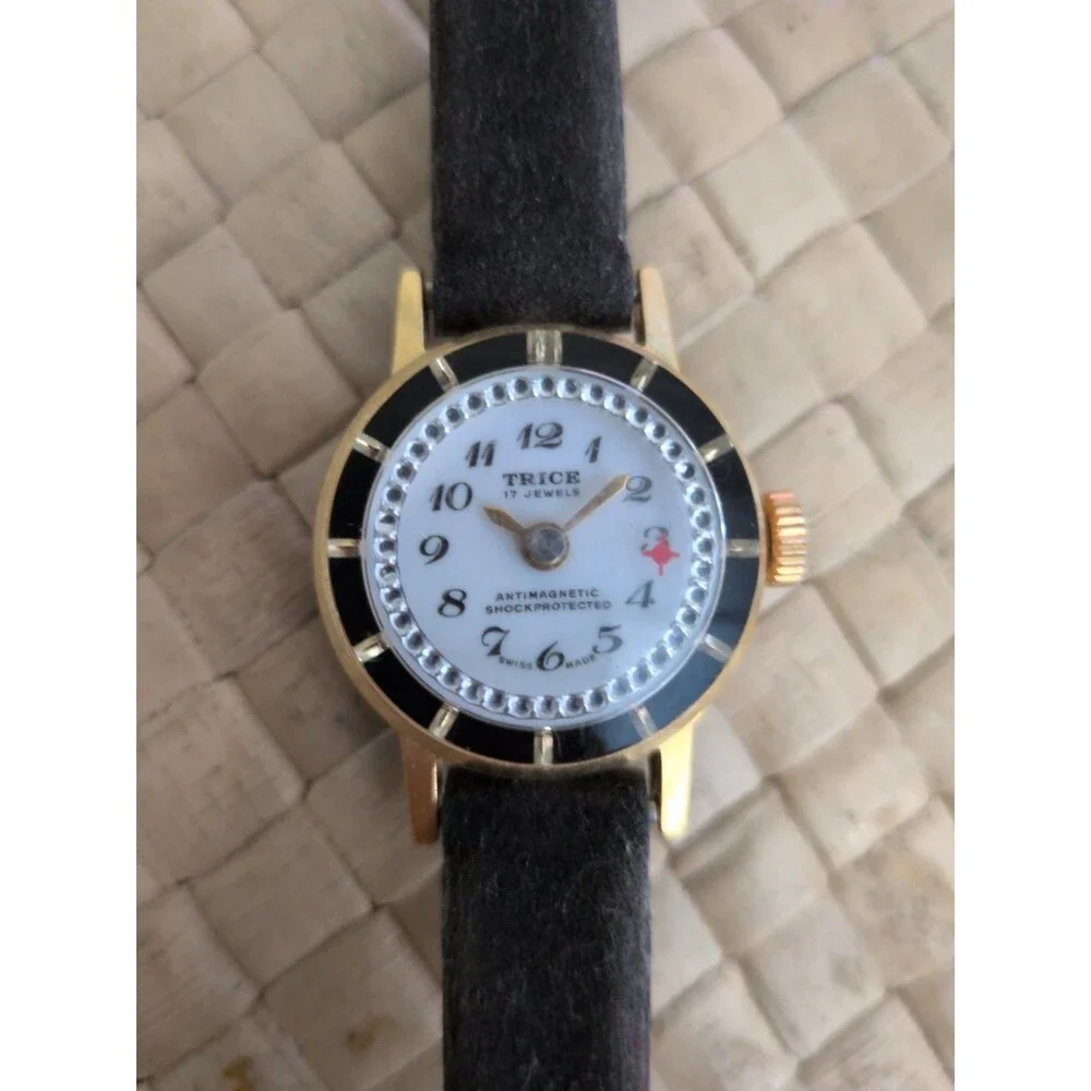 Trice Gold Tone White Dial 17 Jewels Blue Strap Vintage Watch